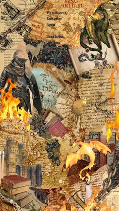 a collage of books, fire and monsters