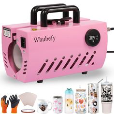 a pink portable coffee maker with various items surrounding it and the words whubey