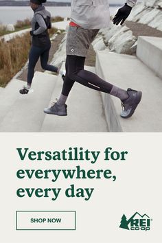 two people running up some steps with the caption versa for everywhere, every day