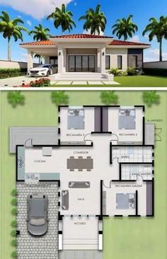 two story house plan with garage and living room in the middle, surrounded by palm trees