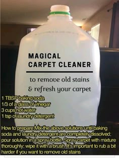 a plastic bottle with instructions on how to remove old stains and refresh your carpet