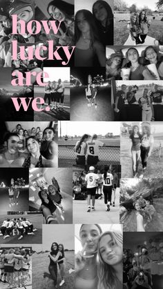 a collage of photos with the words how lucky are we? in pink and black