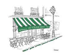 a drawing of an outdoor cafe with tables and chairs on the sidewalk in front of it