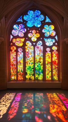 a large stained glass window sitting inside of a building with lots of windows on it