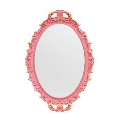 a pink mirror with gold trimmings and an ornate design on the frame, against a white background