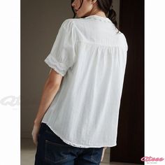 Gentle Cotton Shirt with Beautiful Ruffled Trim and Loose Fit Relaxed Fit Cotton Blouse With Ruffle Sleeves, Casual Cotton Blouse With Ruffle Sleeves, Feminine Blouse With Ruffle Sleeves And Relaxed Fit, V-neck Blouse With Ruffles And Relaxed Fit, Relaxed Fit V-neck Ruffle Blouse, Casual Cotton Ruffle Sleeve Top, Casual Cotton Short Sleeve Top With Ruffle Sleeve, Casual Cotton Short Sleeve Top With Ruffle, Cotton Tops With Ruffle Sleeves For Daywear