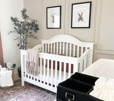 a white crib in the corner of a room next to a potted plant