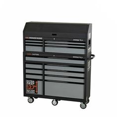 a black and gray tool cabinet with drawers on it's wheels is shown in front of a white background