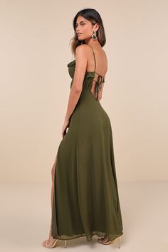 From standing by the bride's side to being a best-dressed guest, the Lulus Exemplary Beauty Olive Green Sleeveless Tie-Back Maxi Dress was made for all the special occasions on your calendar! Airy woven chiffon shapes a sleeveless bodice with strategic gathering, seam detailing, and a ruffle-trimmed straight neckline with a notched accent (and supportive V-bar), all supported by adjustable spaghetti straps. The high, fitted waist tops a flowy, A-line skirt that cascades down to a maxi hem with a Olive Green Dress, Green Formal Dresses, Bridesmaid Dresses Boho, Derby Dress, Vegas Dresses, Olive Green Dresses, Tiered Ruffle Dress, Maid Of Honour Dresses, Rush Dresses