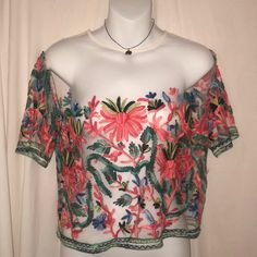 Never Worn. Super Unique And Detailed Floral Top. Floral Print Crop Top For Summer Parties, Pink Cropped Crop Top For Spring, Pink Cropped Tops For Spring, Spring Party Crop Top, Floral Embroidery Cropped Party Top, Party Tops For Beach Season With Short Sleeves, Chic Multicolor Top With Floral Embroidery, Chic Multicolor Floral Embroidered Tops, Chic Multicolor Tops With Floral Embroidery