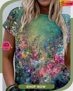 Women Floral Casual Cotton Blends T-shirt Disney Princess Paintings, Cloth Projects, Painted Fashion, Theme Painting, Cruise Clothes, Morning Dress, Graphic Floral, T Shirt Flowers, Loan Officer