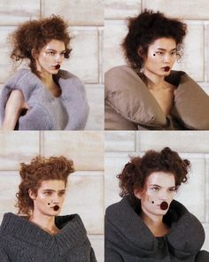 four different pictures of a woman with makeup on her face and nose, in front of a white brick wall