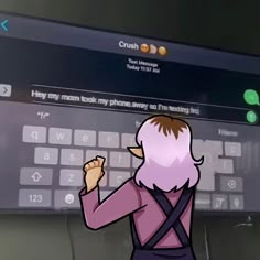 a cartoon character standing in front of a computer screen