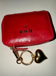 Small Mirror, Leather Card Case, Heart Drop Earrings, Maroon Red