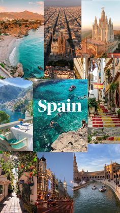 the collage has many different pictures and words to describe in spanish, including buildings