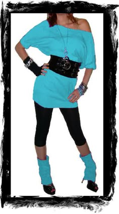 Love this aqua long shirt with belt the shoes not soo much Long Shirt With Belt, 80s Theme Party Outfits, 80s Party Costumes, 80s Costumes, Shirt With Belt, 80s Fashion Party, Style Année 80