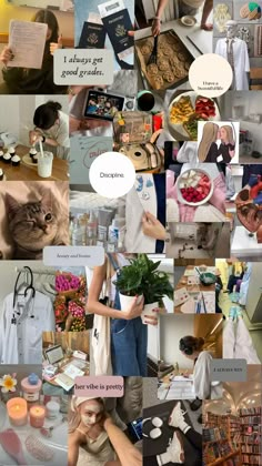 a collage of photos with people, food and other things in them that include books