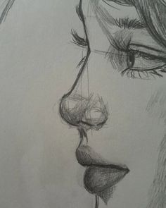 a pencil drawing of a woman's face with her nose open and eyes closed