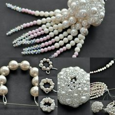 several different types of pearls and necklaces are displayed on a black surface with beads