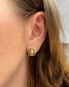 18k Yellow gold rectangular earrings with pave diamond central element (0.16ctw). Earrings measure approximately 1/2" in length . Made in Italy. By K di Kuore