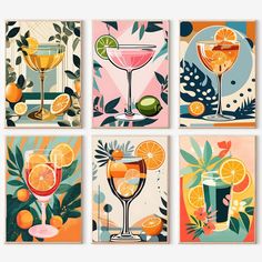 four posters with different drinks on them, each featuring oranges and lemons in glasses