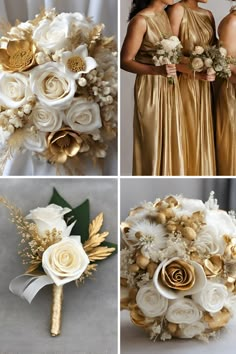 wedding bouquets and bridesmaids in gold, white, and silver colors with flowers