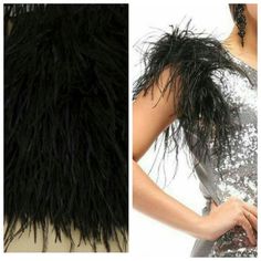 an image of a woman wearing a dress with feathers on it