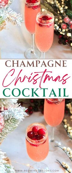 champagne christmas cocktail with cranberry sauce in two glasses on a white tablecloth