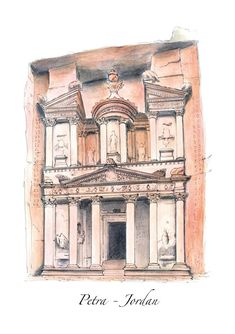 a drawing of an old building with statues on it