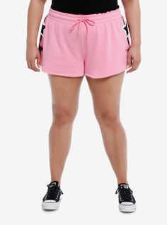 Chill with some star power in these pink lounge shorts! They featuring black stripe detailing on the sides  plus star designs. Comes with a back pocket and elasticated drawstring waistband.60% cotton; 40% polyesterWash cold; dry lowImportedModel is 5'10''Model wears size 1 Sporty Drawstring Pajama Shorts, Athleisure Shorts With Side Stripes, Casual Athletic Shorts With Side Stripes, Cotton Shorts With Side Stripes, Sporty Pink Shorts With Drawstring, Pink Cotton Athletic Shorts For Loungewear, Summer Bottoms With Side Stripes, Summer Shorts With Side Stripes, Casual Cotton Shorts With Side Stripes