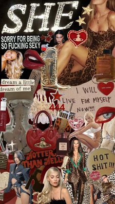 a collage of photos with women's clothing and accessories on them, including lipstick