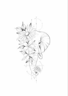 an elephant and flowers tattoo design on the back of a woman's shoulder,