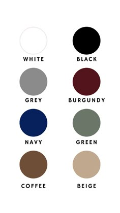 the color chart for different shades of black, white, grey, burgundy, and green