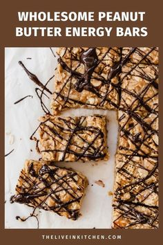 chocolate peanut butter energy bars with text overlay that reads, wholesome peanut butter energy bars