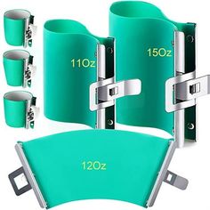 a set of four teal colored cup holders with metal handles and two cups on each side