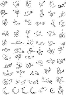 the different kinds of hearts and flowers are drawn in black ink on white paper,