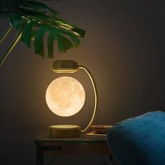 the moon lamp is sitting on a table next to a plant