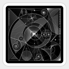 an abstract black and white artwork piece with circles, stars, and other things in the background