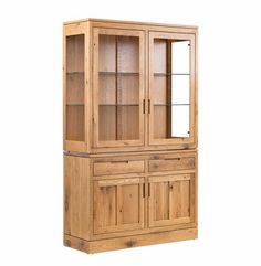 a wooden china cabinet with glass doors on the top and bottom shelves, in front of a white background