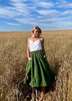 The comfiest of them all, our 100% linen Amber skirt features A-line silhouette, gathered on an elastic waistband at the waist. It guarantees freedom of movement, carefree attitude and breezy days ahead! Try it in goes-with-anything Chocolate color, or in more of an eye-catching Moss Green color, which is also a heavier type of linen. And the best thing about it, you can wear it 2 different ways - buttons at the front or at the back! Great trans-seasonal piece that is suitable for spring, summer Linen Flowy Skirt For Vacation, Flowy Linen Skirt For Vacation, Summer Skirt With Gathered Waist, Summer Flowy Skirt With Gathered Waist, Flowy Summer Skirt With Gathered Waist, Flowy Skirt With Gathered Waist For Summer, Summer Full Skirt With Gathered Waist, Casual Summer Maxi Skirt With Gathered Waist, Vacation Linen Skirt With Elastic Waistband