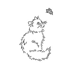 a black and white drawing of a cat with a butterfly on it's back