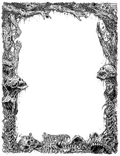 a black and white drawing of a frame with skeletons in the bottom left hand corner