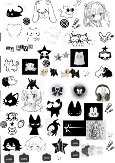 an assortment of black and white stickers with different designs on them, including cats