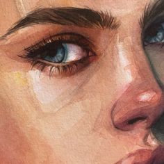 an artistic painting of a woman's face with blue eyes and brown hair, close up