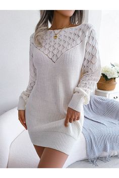 This openwork boat neck sweater dress is the perfect addition to any woman's wardrobe. Made from high-quality materials, this dress is both comfortable and stylish. Its boat neck design adds a touch of elegance, making it suitable for any occasion. Upgrade your fashion game with this versatile and trendy women's dress. Features: Openwork Stretch: Moderate stretch Material composition: 100% acrylic Care instructions: Machine wash cold. Tumble dry low. Imported Product measurements:S:Bust 41.34 in Chic Long Sleeve Crochet Knit Dress, White Textured Knit Dress For Fall, Long Sleeve Pointelle Knit Sweater Dress, Spring Long Sleeve Pointelle Knit Crochet Dress, Spring Long Sleeve Crochet Dress With Pointelle Knit, Spring Long Sleeve Pointelle Crochet Dress, Elegant Open Knit Crew Neck Sweater, Winter Knit Sweater With Hollow Out Design, Winter Knit Sweater With Hollow-out Details