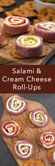 salami and cream cheese roll - ups are an easy appetizer for any occasion