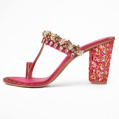 Elevate your style with these dazzling hot pink crystal pearl braided t-strap sandals. Sequined block heels add flair, perfect for making a statement at any event or occasion. Color: Hotpink Heel Type: Block heel Heel Height: 2.5'' / 63.5 mm approx Product measurements were taken using size 8. Please note that measurements may vary by size. Toe: Open toe Crystal and pearl embellished design Braided design T-strap design Sequins embroidered design Slip-on design Handcrafted US sizing. Fits true t Festive Embellished Block Heel, Glamorous Pink Sandals With Branded Heel Counter, Glamorous Pink Block Heel Sandals, Pink Toe Post Party Heels, Festive Heels For Spring, Festive Spring High Heels, Festive Summer Heels High Heel, Glamorous Pink Embellished Sandals, Festive Summer High Heels