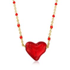 Ross-Simons - Italian Red Murano Glass Heart Necklace Over Sterling. 18". Bold color and artsy vibes abound in this Italian-made masterpiece! Front and center is a handcrafted red Murano glass heart stationed on an 18kt yellow gold over sterling silver cable chain dotted with red enamel. Murano glass is unique and may vary. Includes 2" extender. Lobster clasp, red Murano glass heart necklace. Heart Bead Necklace, Glass Heart Necklace, Jewelry Presentation, Simple Silver Jewelry, Murano Glass Jewelry, Lampwork Jewelry, Detailed Necklace, Sterling Silver Bangle Bracelets, Beaded Drop Earrings