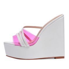 White Wedge Heel Slingback Sandals For Beach, White Leather Platform Slippers For Spring, Modern Wedge Sandals With Platform And Single Toe Strap, Modern Pink Wedge Heel Sandals, Modern Pink Platform Wedge Sandals, Modern Pink Wedge Sandals, White Leather Slip-on Platform Slippers, Synthetic Wedge Heel Slingback Sandals, Modern Pink Wedge Sandals With Round Toe