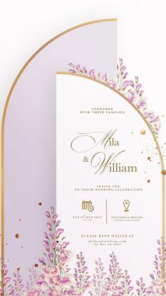 an elegant wedding card with purple flowers and gold foil